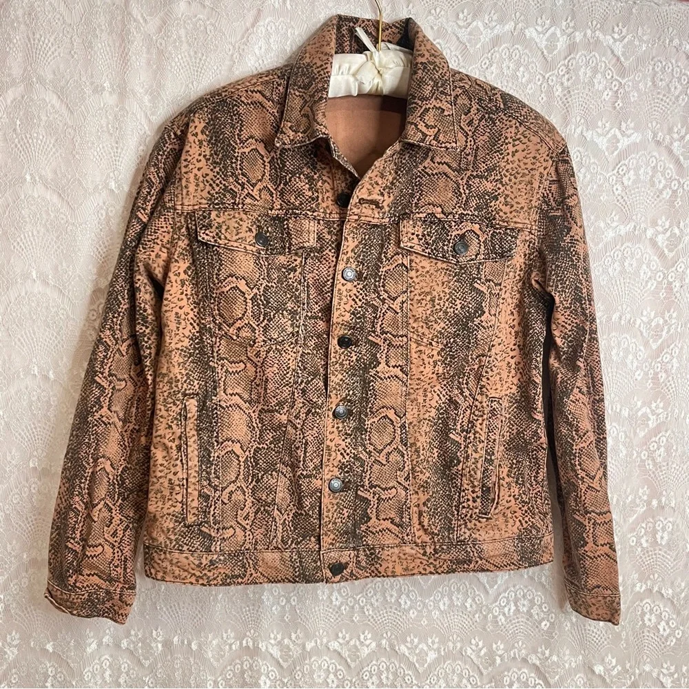 Free People Jacket Women's Medium Brown Black Denim Trucker Snake Skin Collared - Picture 2 of 13